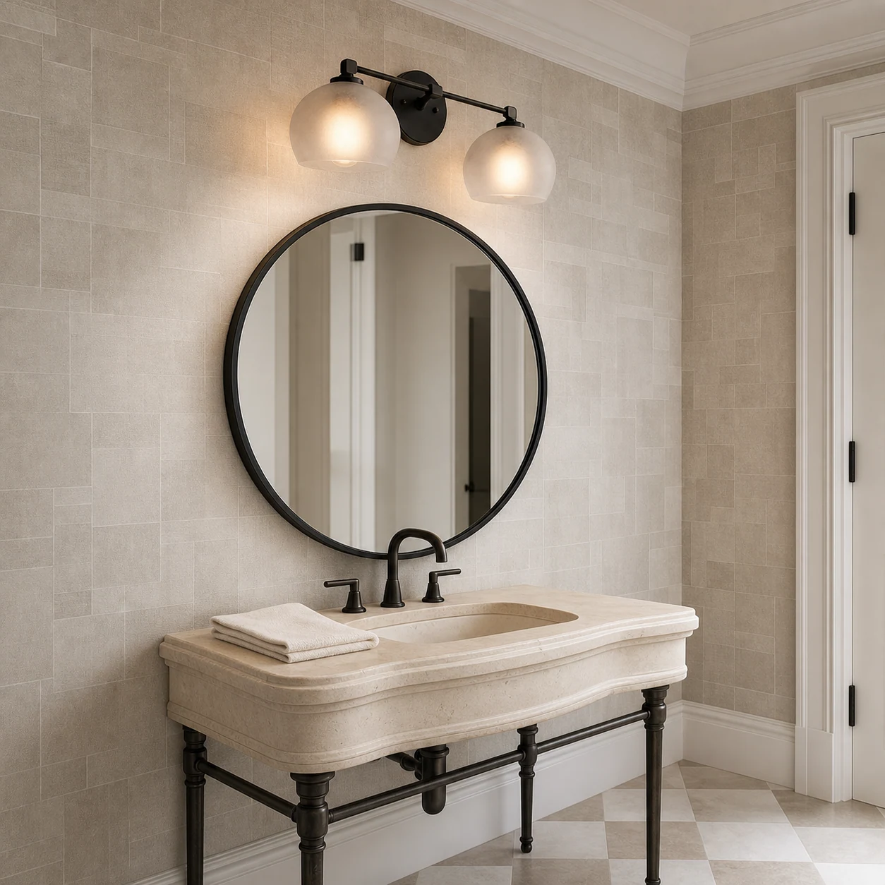 Two-head black and frosted glass fixture above an oval mirror
