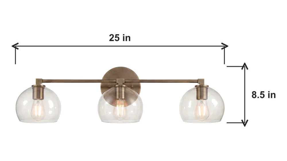 Three-head fixture dimensions 25 inches by 8.5 inches