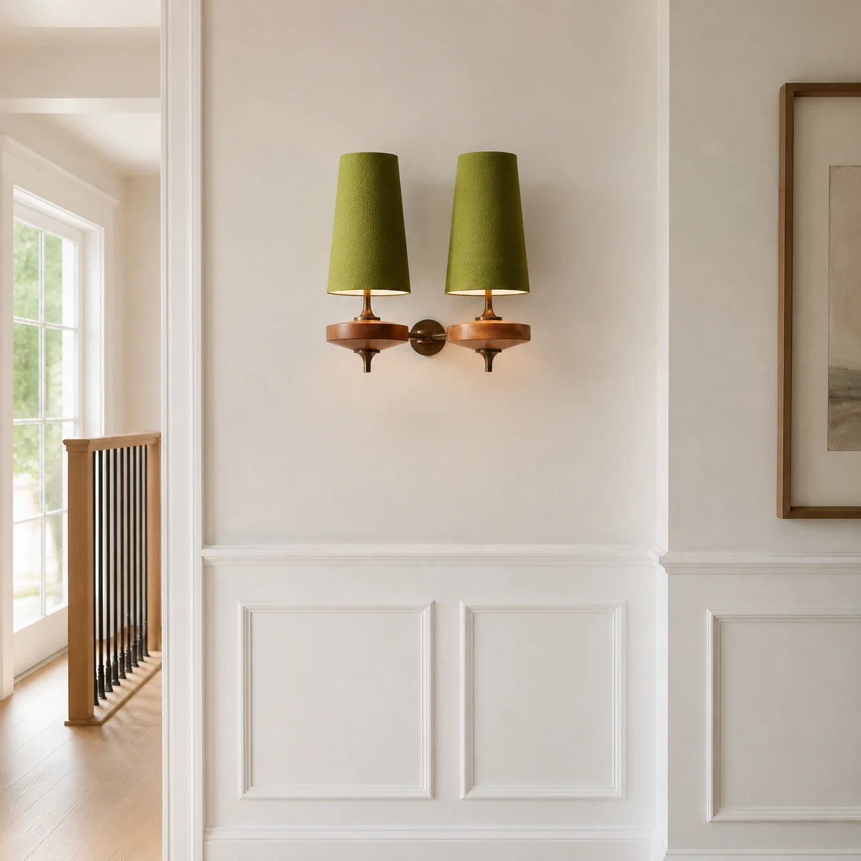 Lámpara de pared Eilara de dos cabezales verdes en un luminoso pasillo moderno de estilo americano.
