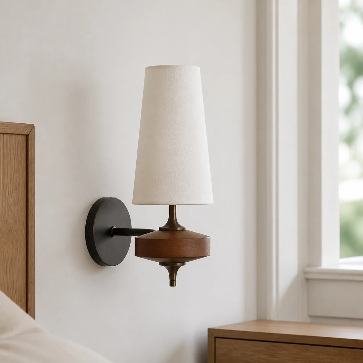 Primer plano de la lámpara de pared cónica de tela blanca individual Eilara en una luminosa habitación moderna americana.