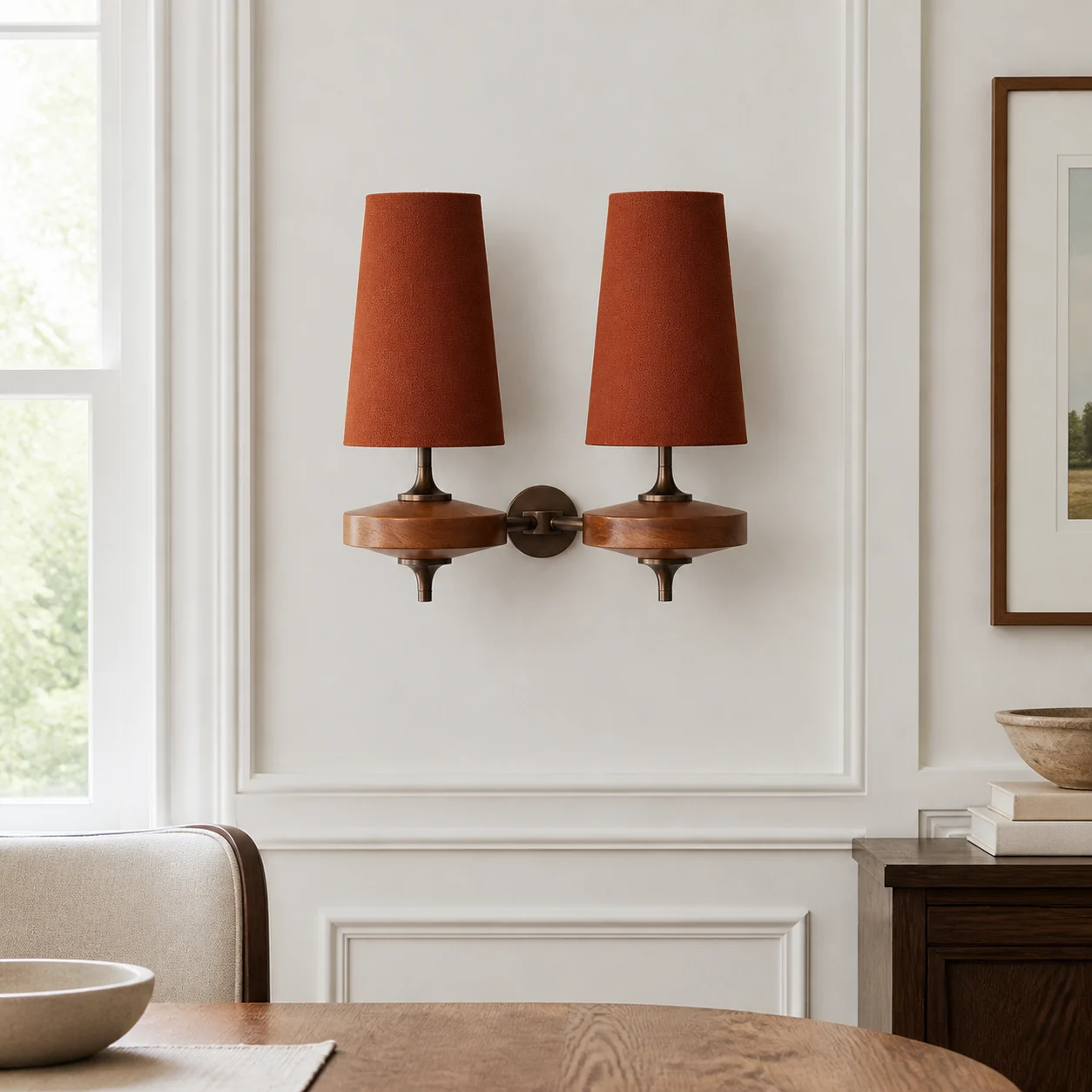 Lámpara de pared roja de dos cabezales Eilara en una luminosa escena de comedor americano moderno.