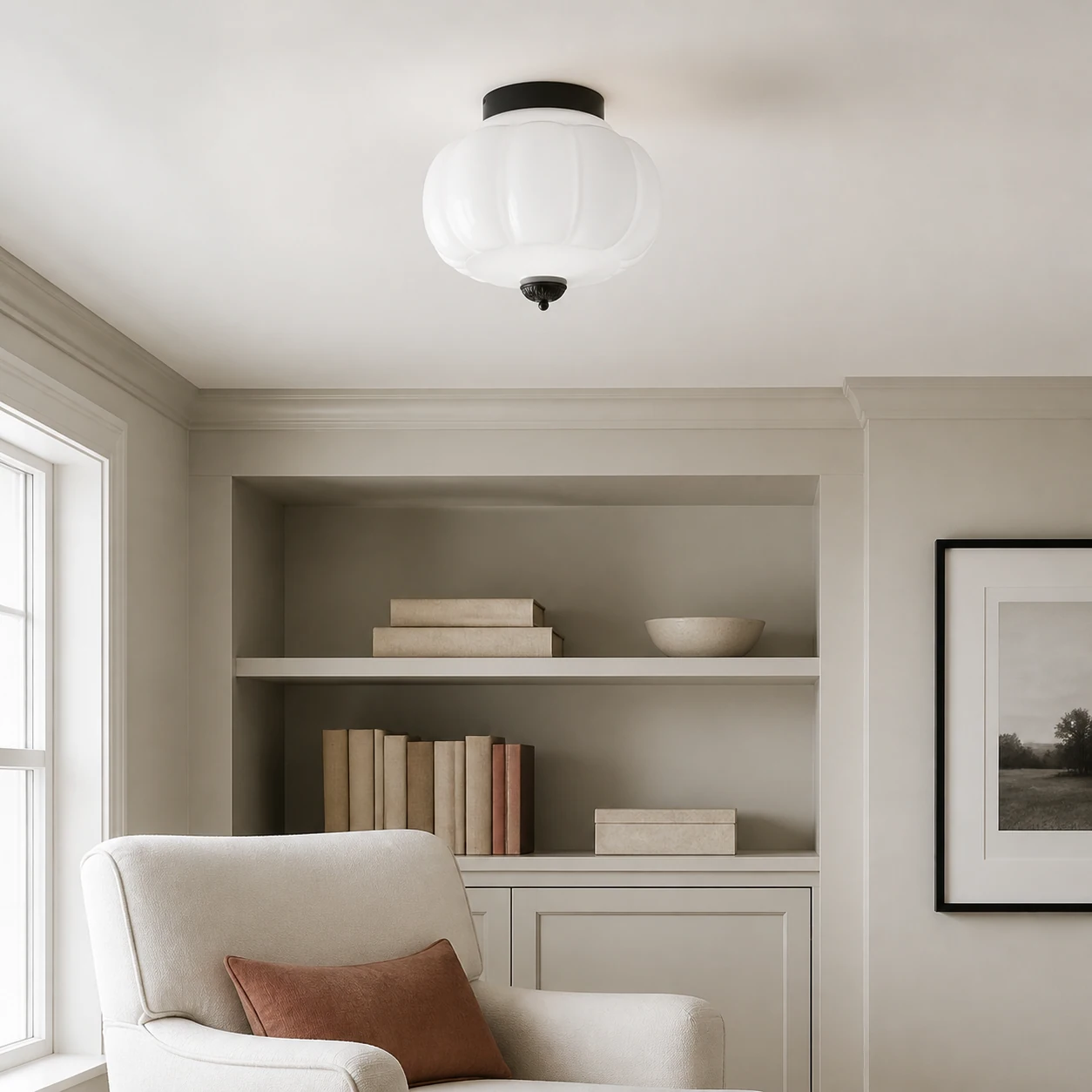 White and black Breckett ceiling light in a reading room