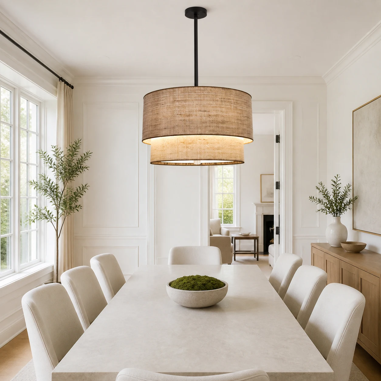 Large linen Daphe pendant with appropriate dining-table clearance