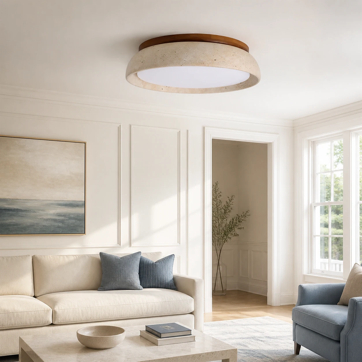 Brizo travertine ceiling light in a bright living room