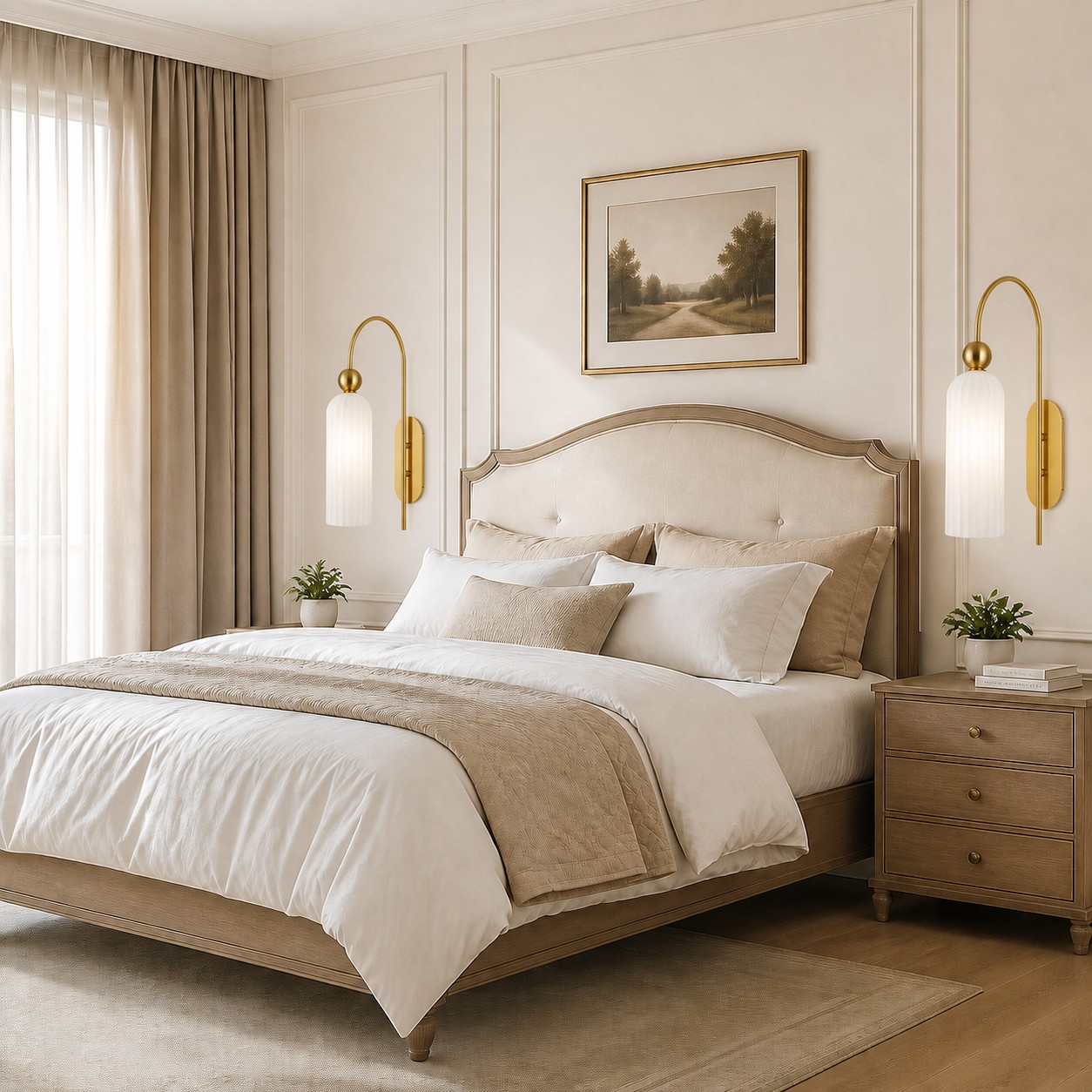 Two white Azura sconces beside a bed
