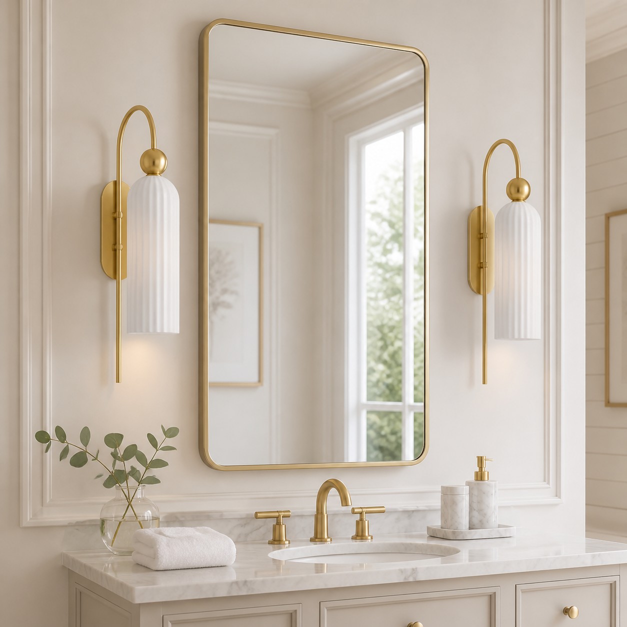Two white Azura sconces framing a vanity mirror