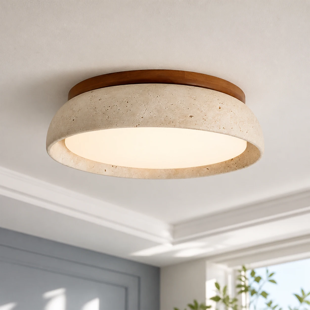 Brizo travertine ceiling light close view
