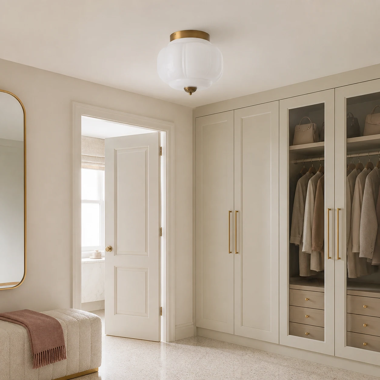 White and brass Breckett ceiling light in a bright dressing room