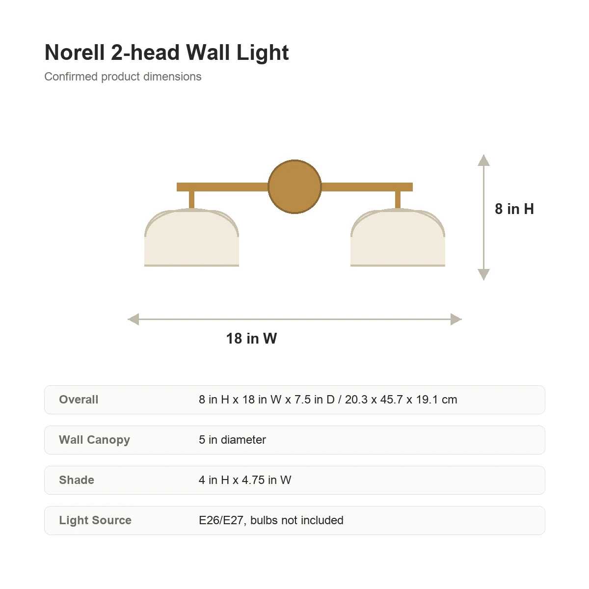 Norell Nordic Modern Minimalist 2-heads Metal Brass LED Dome Wall Light dimensions