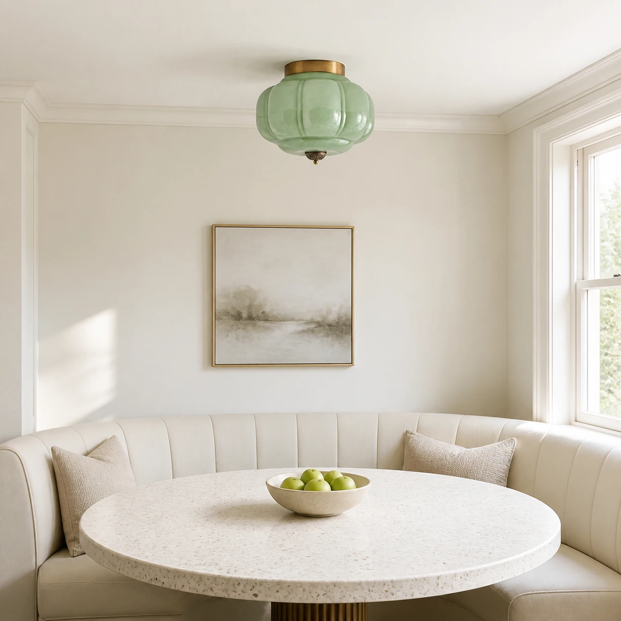 Green and brass Breckett ceiling light in a breakfast nook