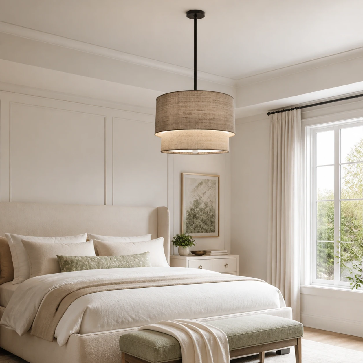 Compact linen Daphe pendant in a bedroom