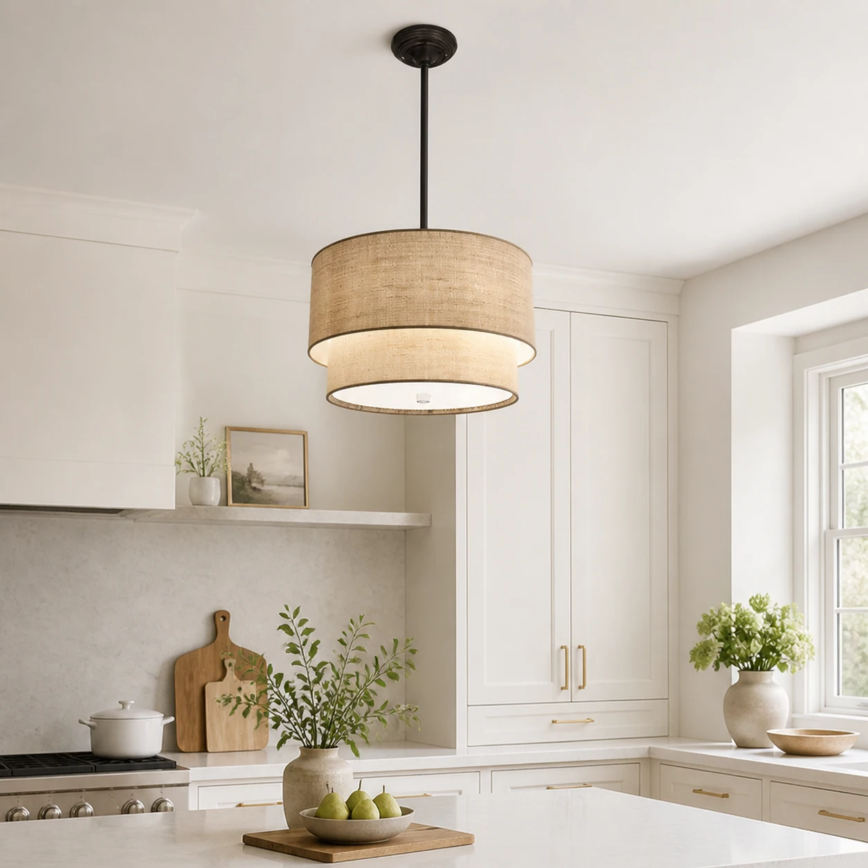 Linen Daphe pendant with appropriate kitchen-island clearance