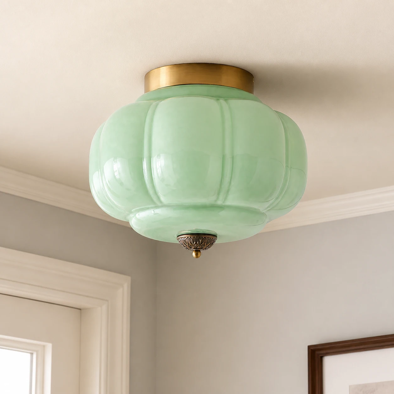 Green and brass Breckett ceiling light close view