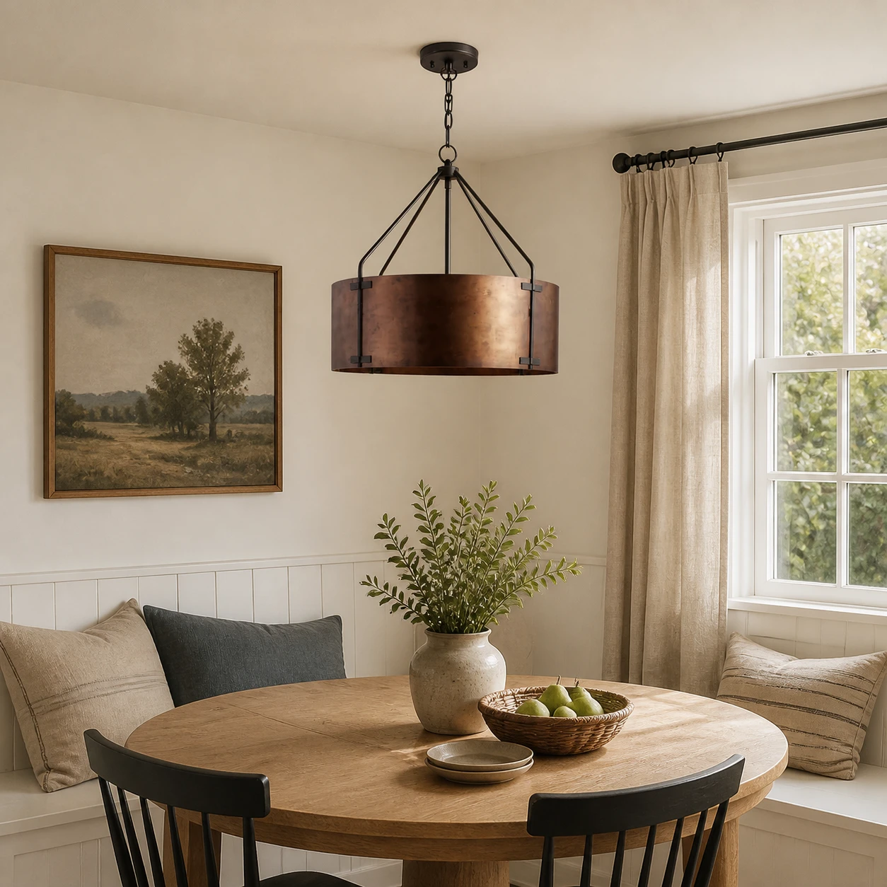 Creed bronze drum pendant above a farmhouse breakfast nook