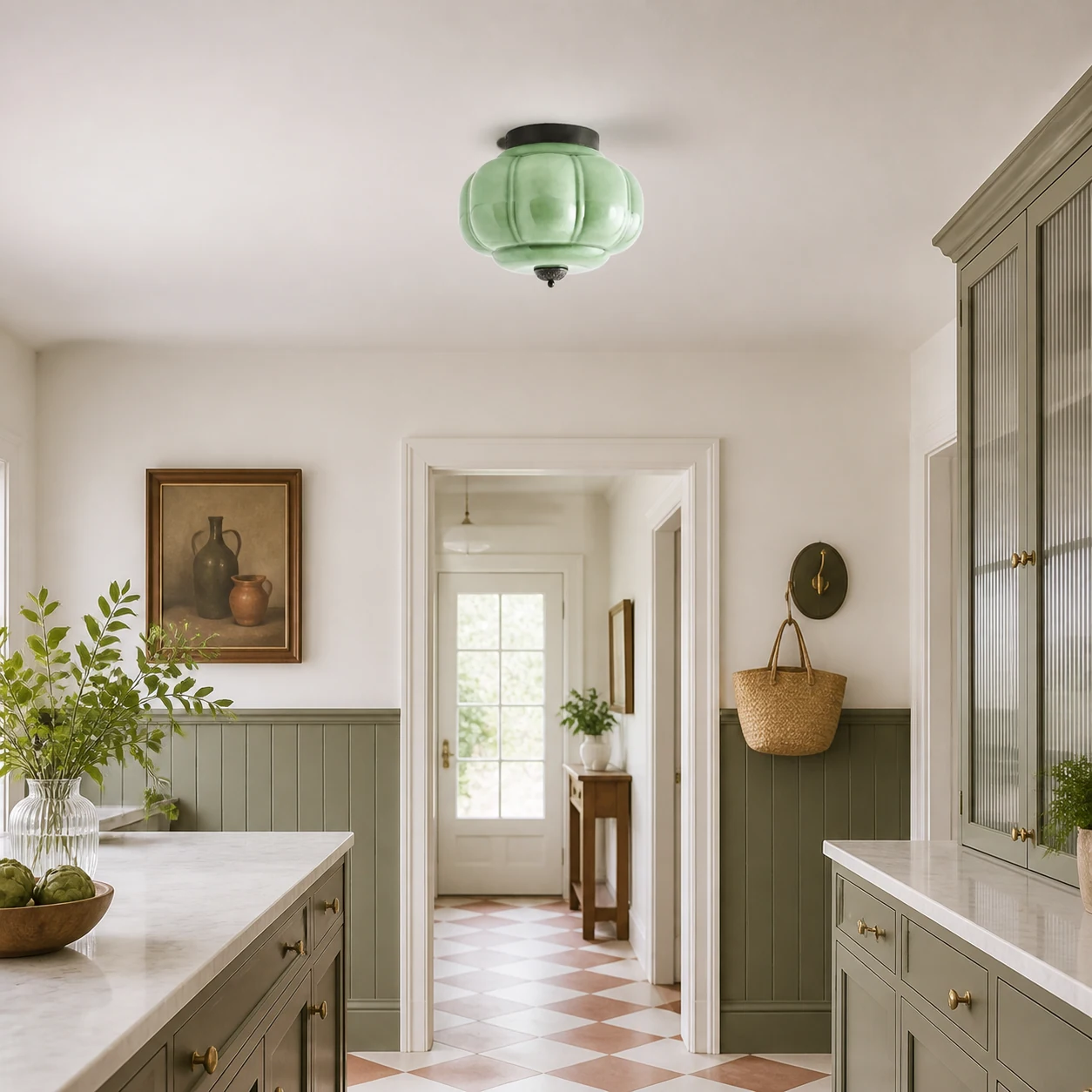 Green and black Breckett ceiling light in a retro modern kitchen