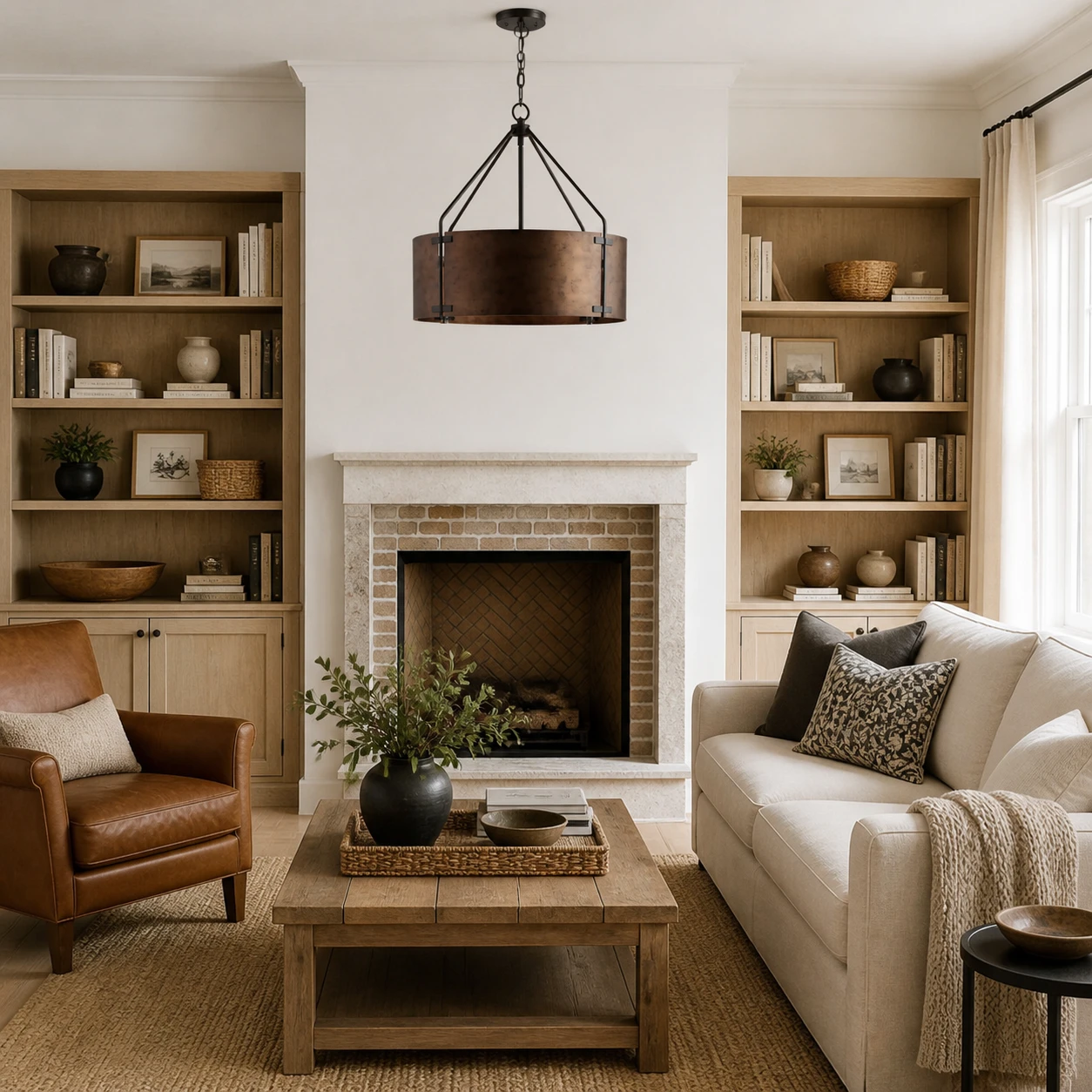 Creed bronze drum pendant in an American farmhouse living room