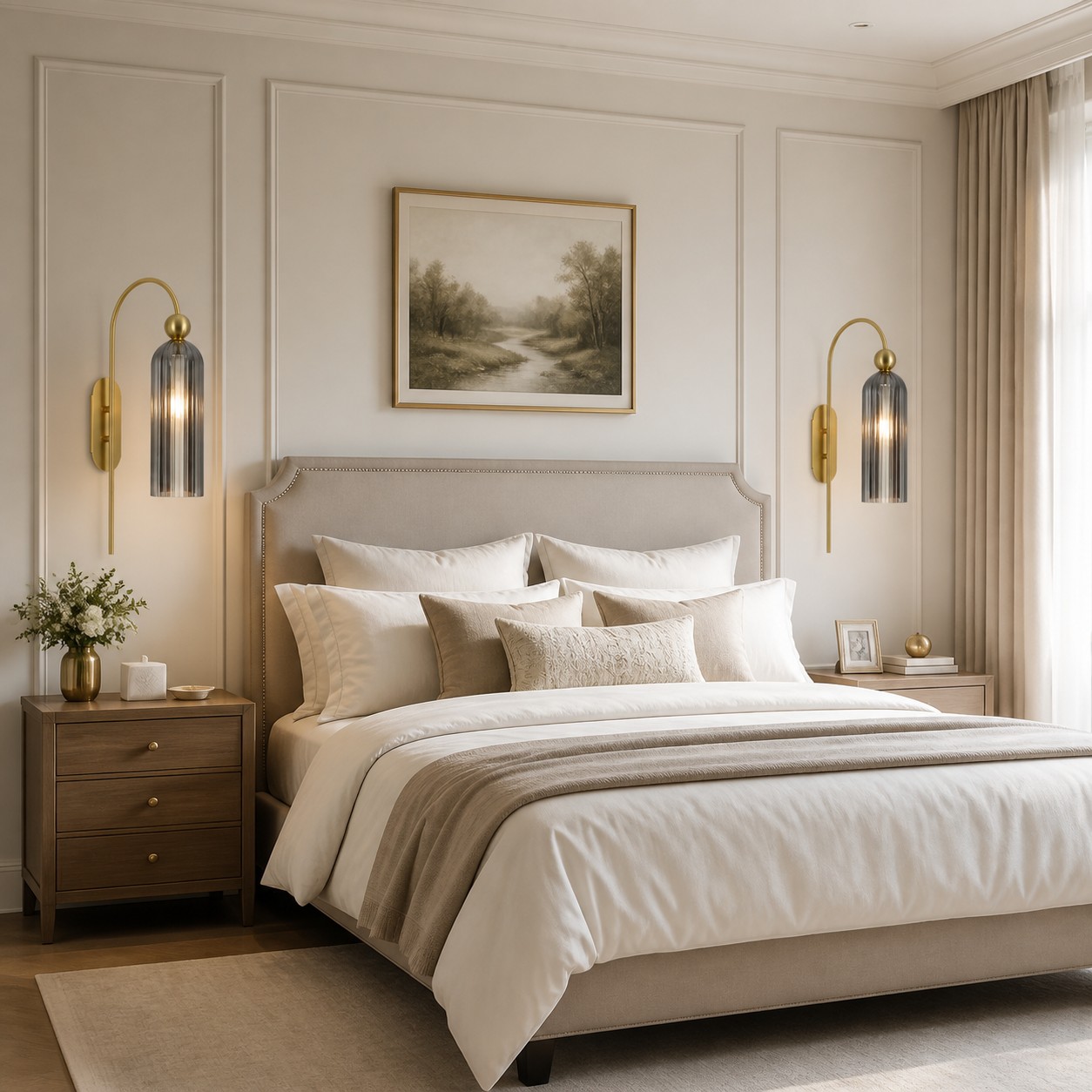 Two gray Azura sconces beside a bed