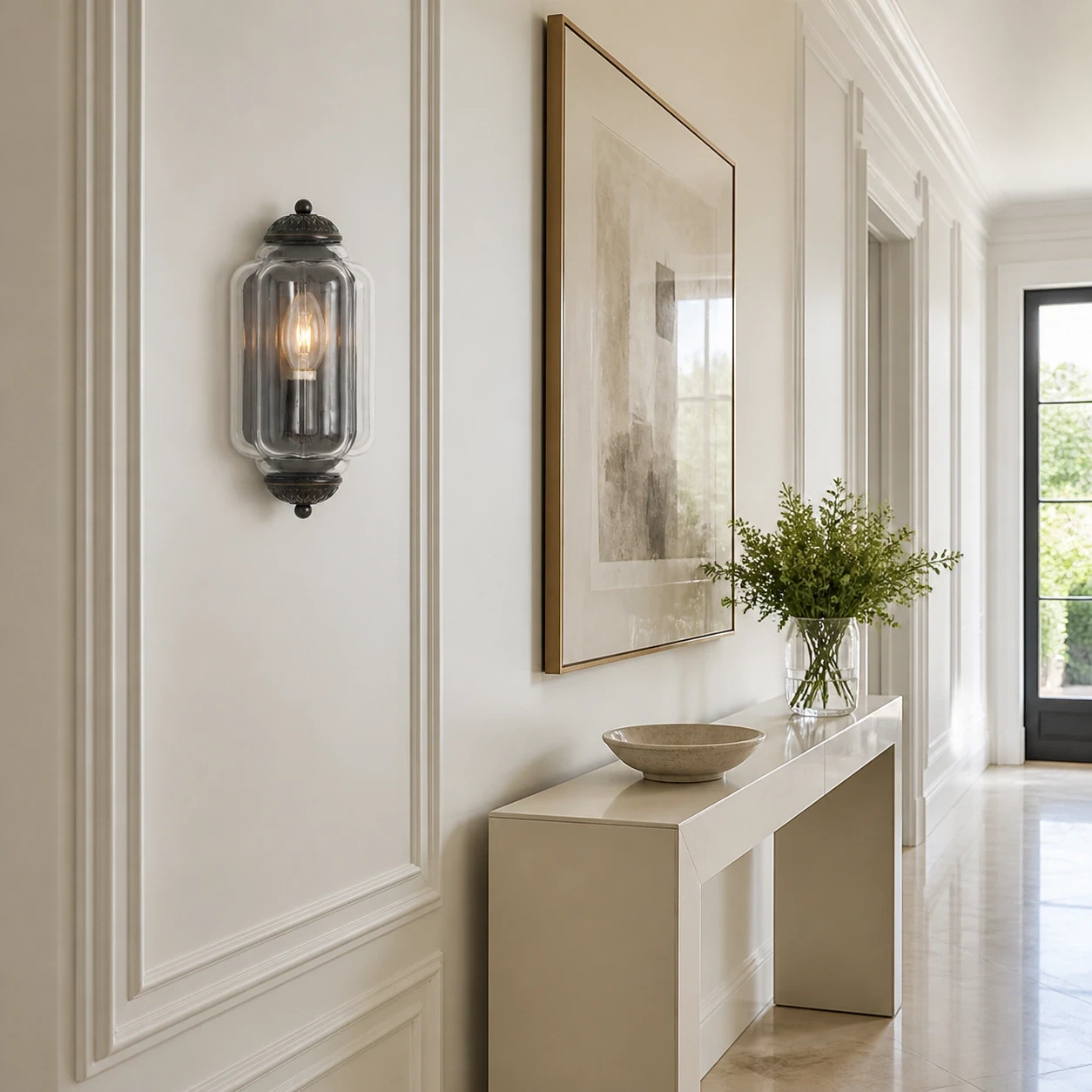Lámpara de pared negra con cristal transparente encendida en el pasillo