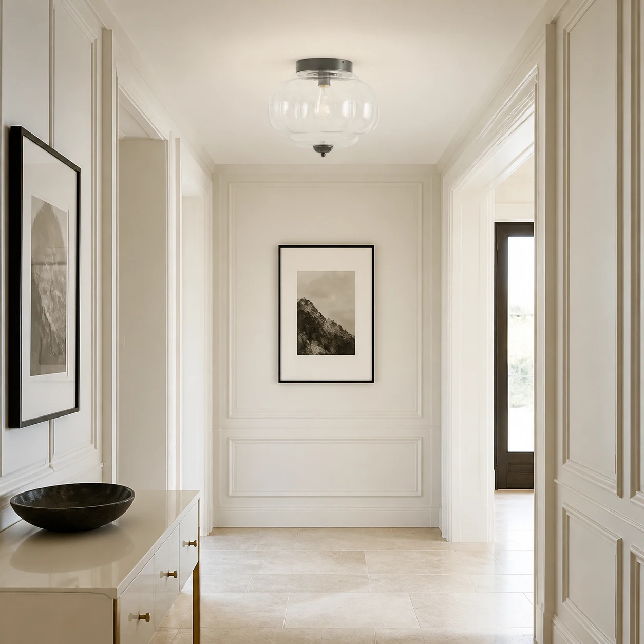 Clear and black Breckett ceiling light in a bright hallway