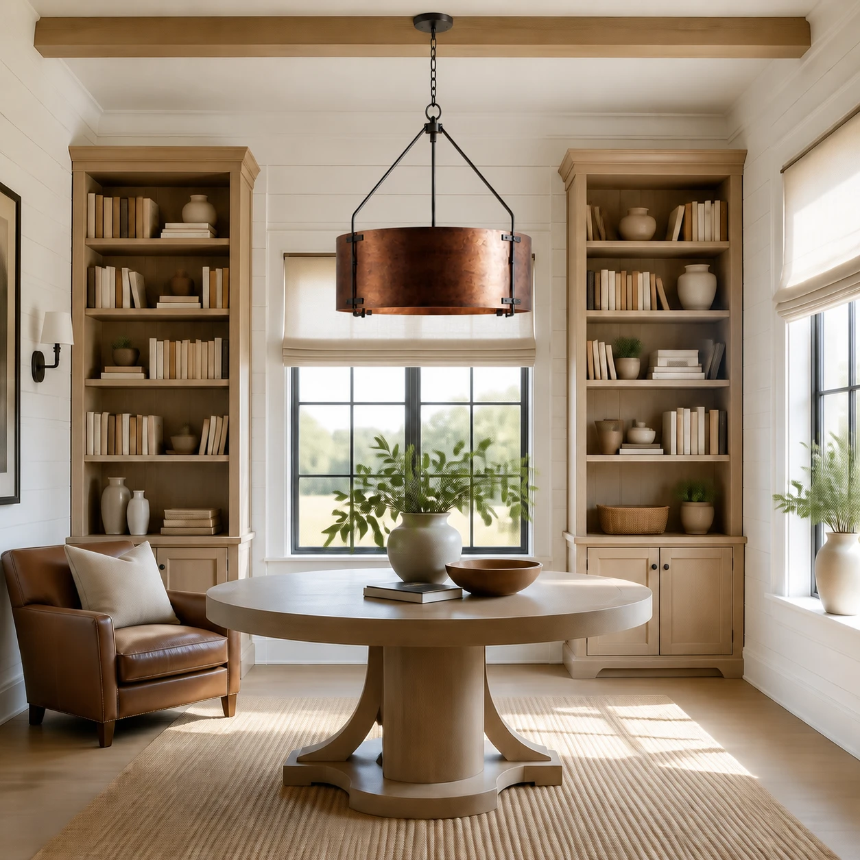Bronze pendant above a round table in a farmhouse library