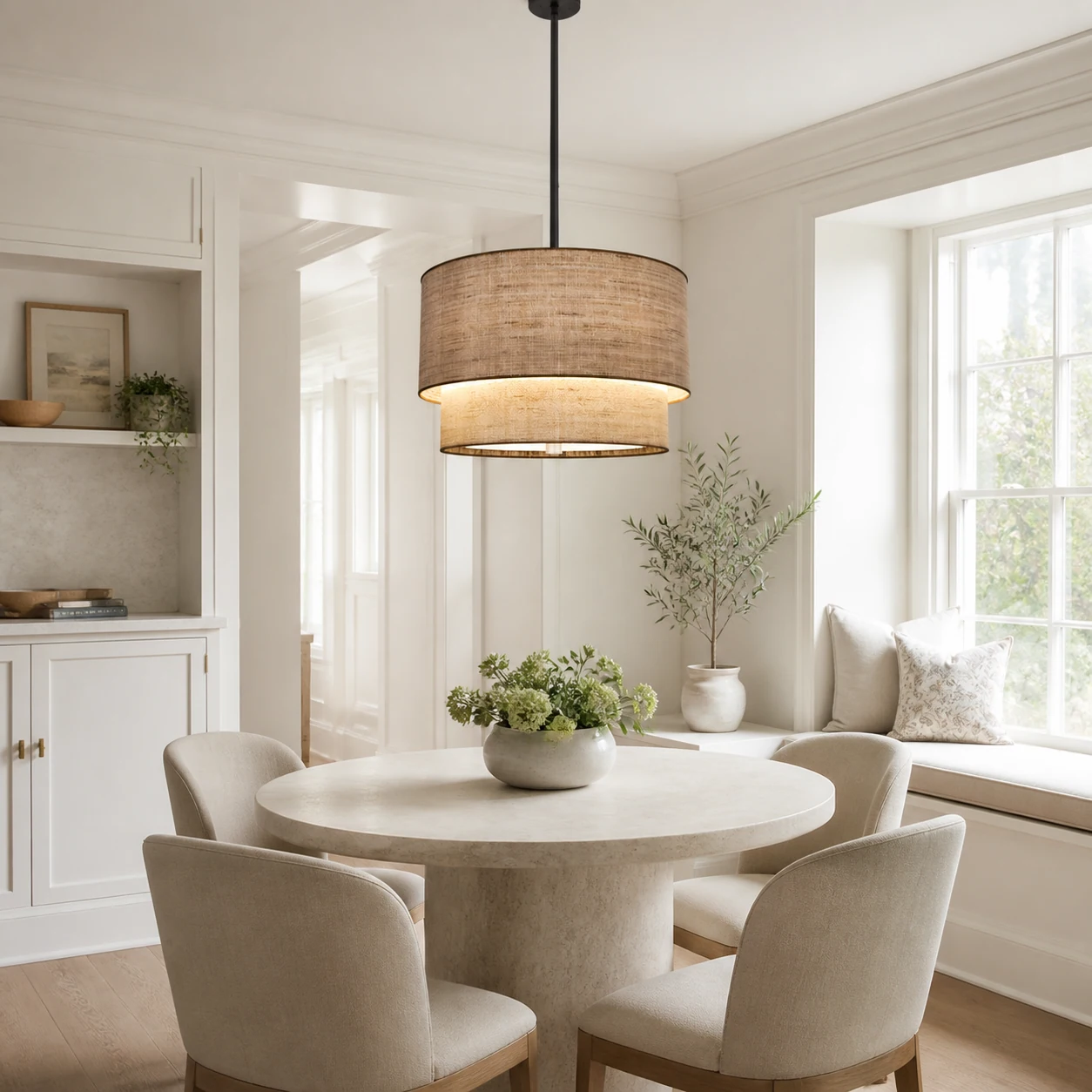 Daphe double fabric drum pendant light with appropriate table clearance