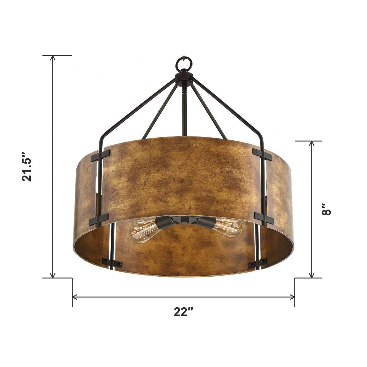 Pendant dimensions: 22 inches wide, 21.5 inches high, 8 inch shade height