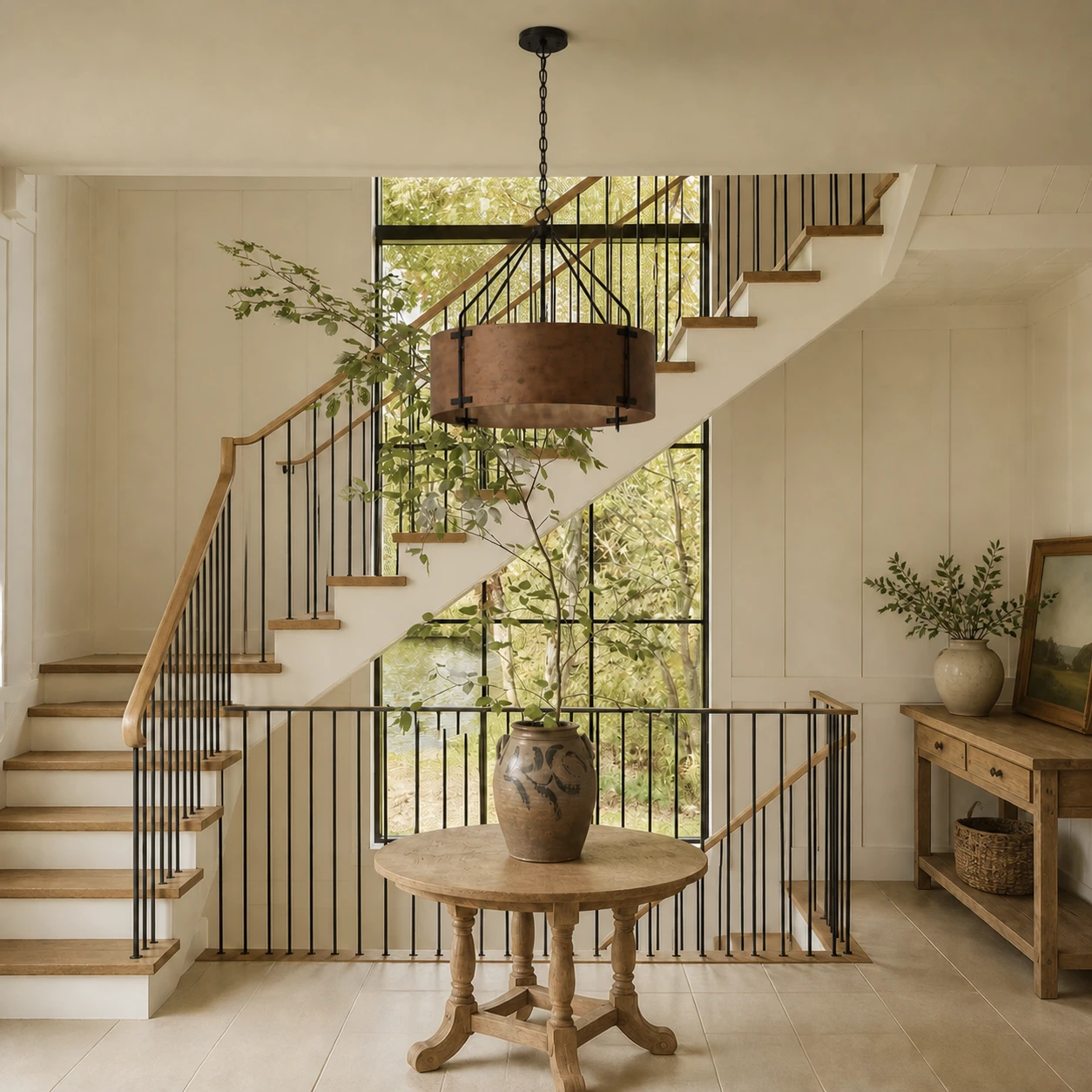 Creed bronze drum pendant in an American farmhouse stair hall
