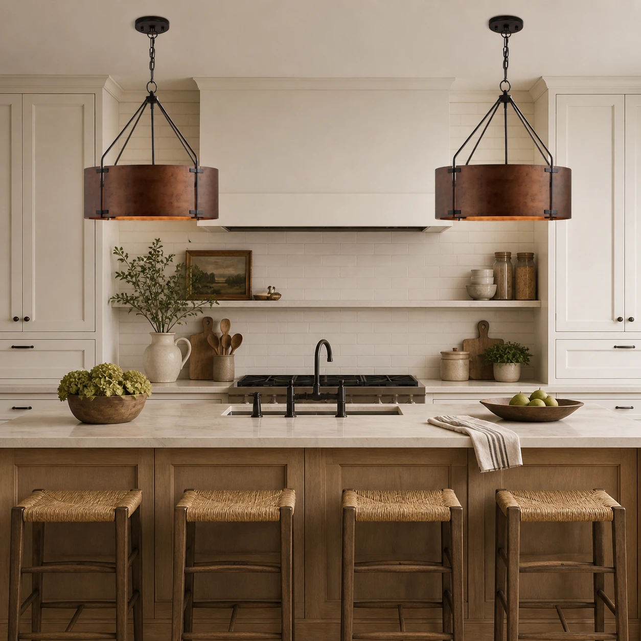 Two bronze drum pendants above an American farmhouse kitchen island