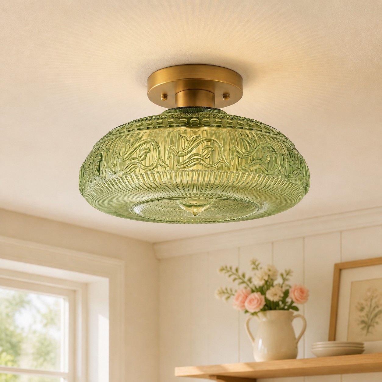 Green engraved glass Cirel ceiling light with brass base