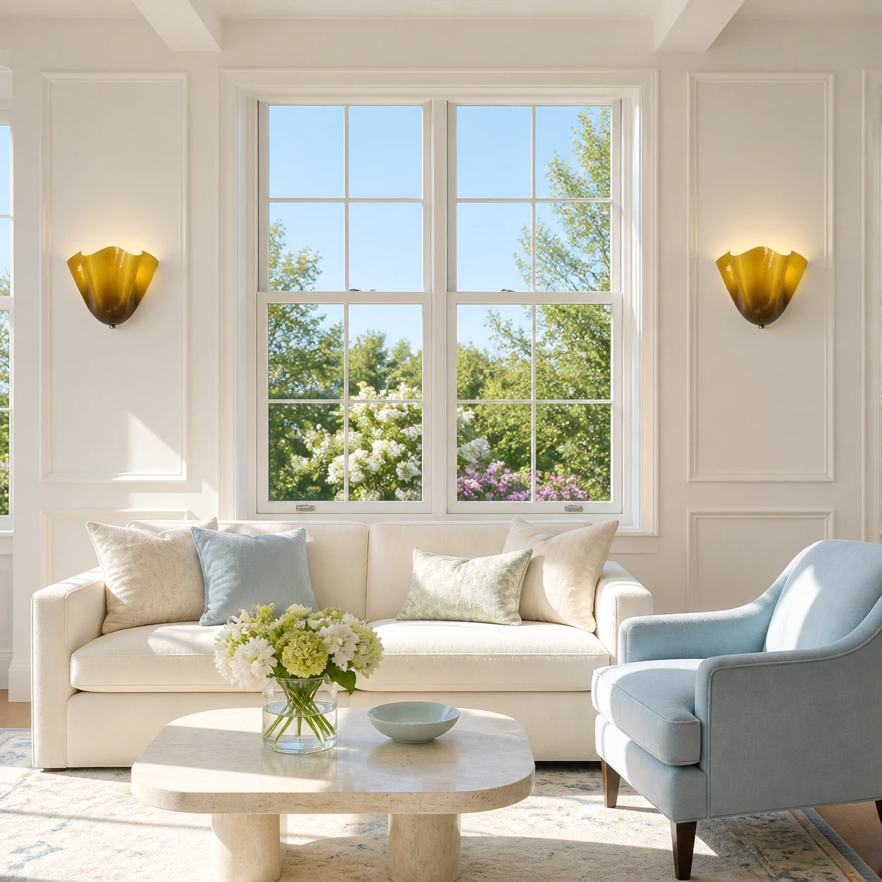 Hett sconces framing a garden-view window