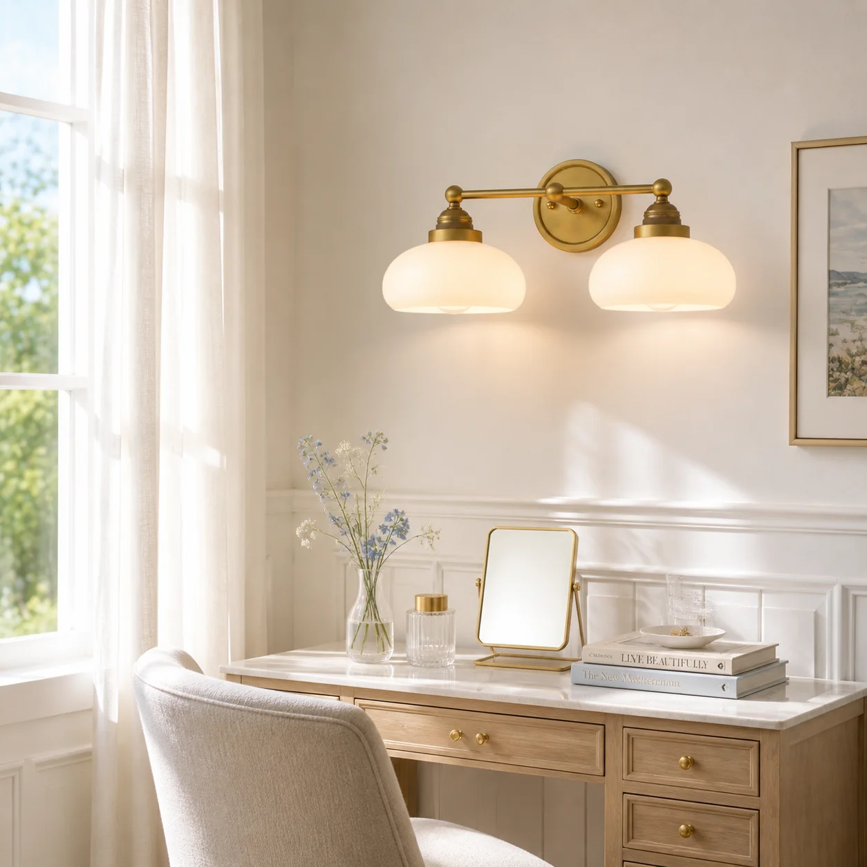 Parcy persimmon glass wall sconce in a bright modern American bedroom scene
