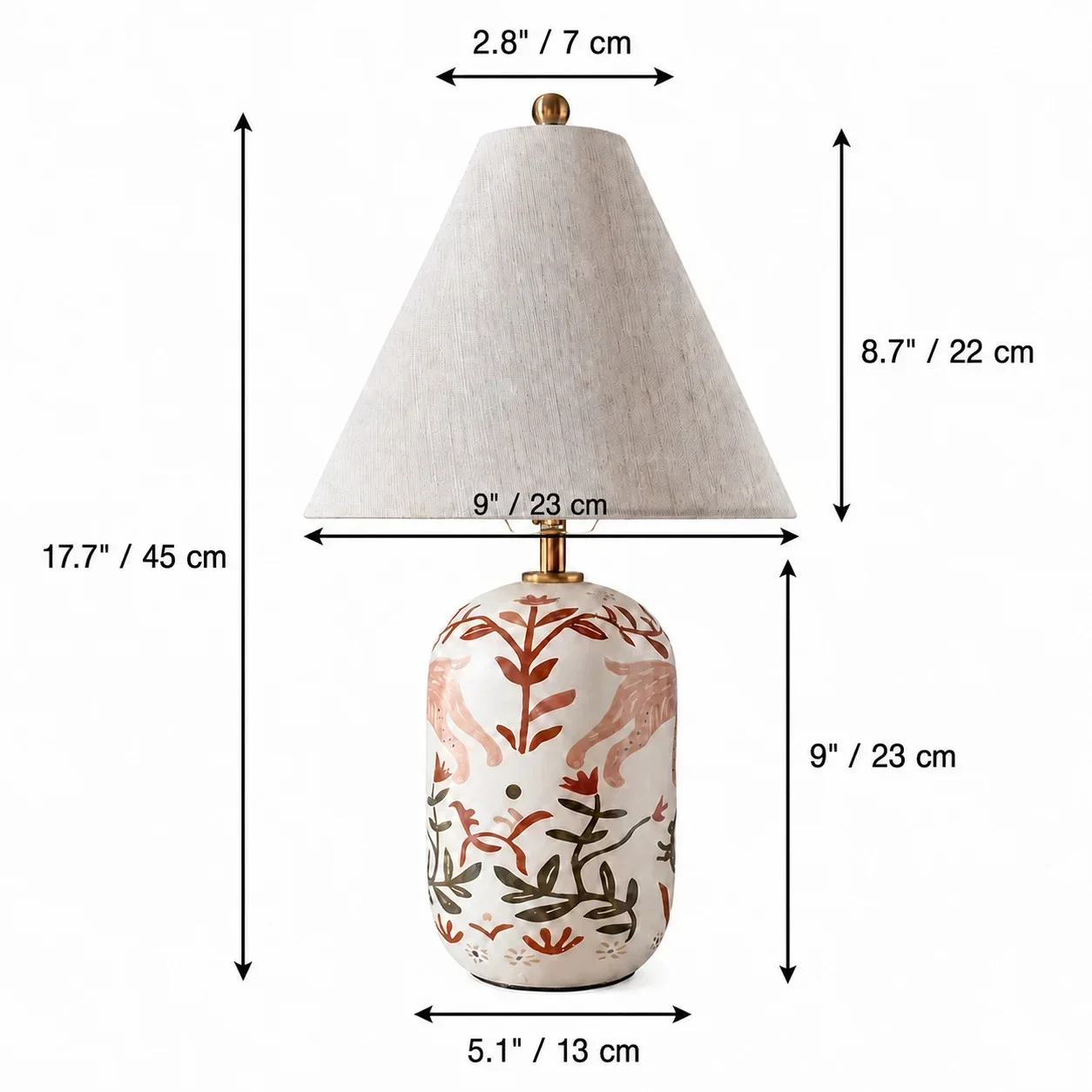 Maelis Vintage Ceramic Linen Tapered Wax Resist Animal Table Lamp dimensions