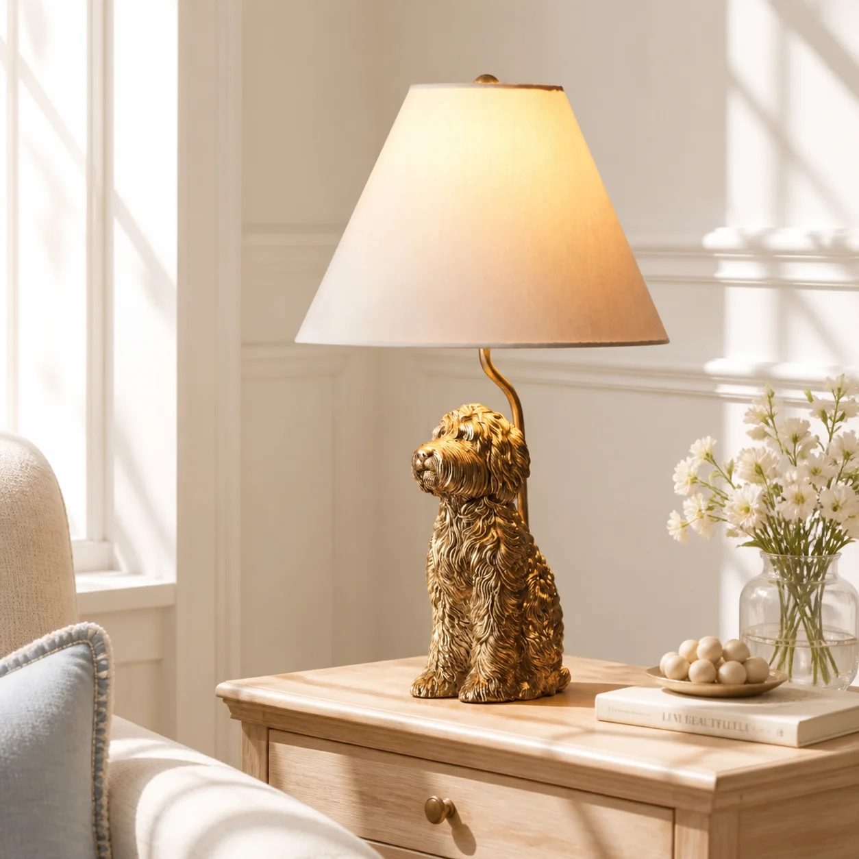 Lunab antique gold dog table lamp beside a soft cream sofa
