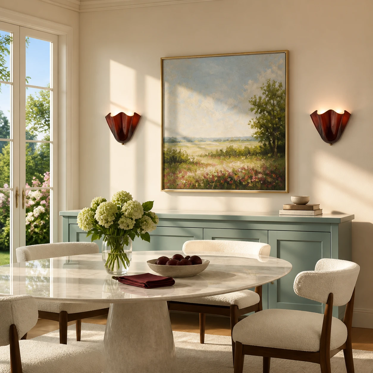 Wine Red Hett sconces flanking dining-room artwork