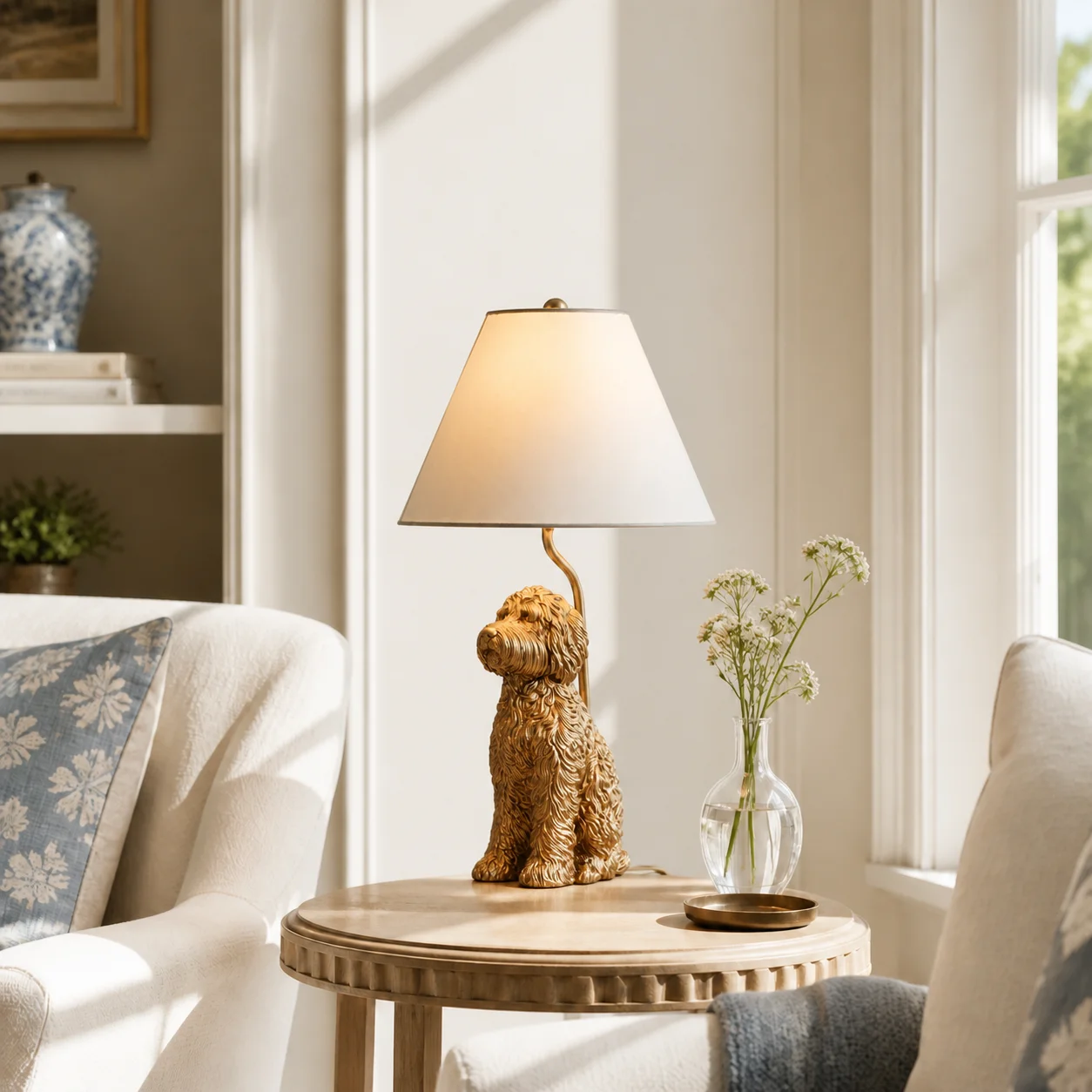 Lunab dog table lamp on a living room side table