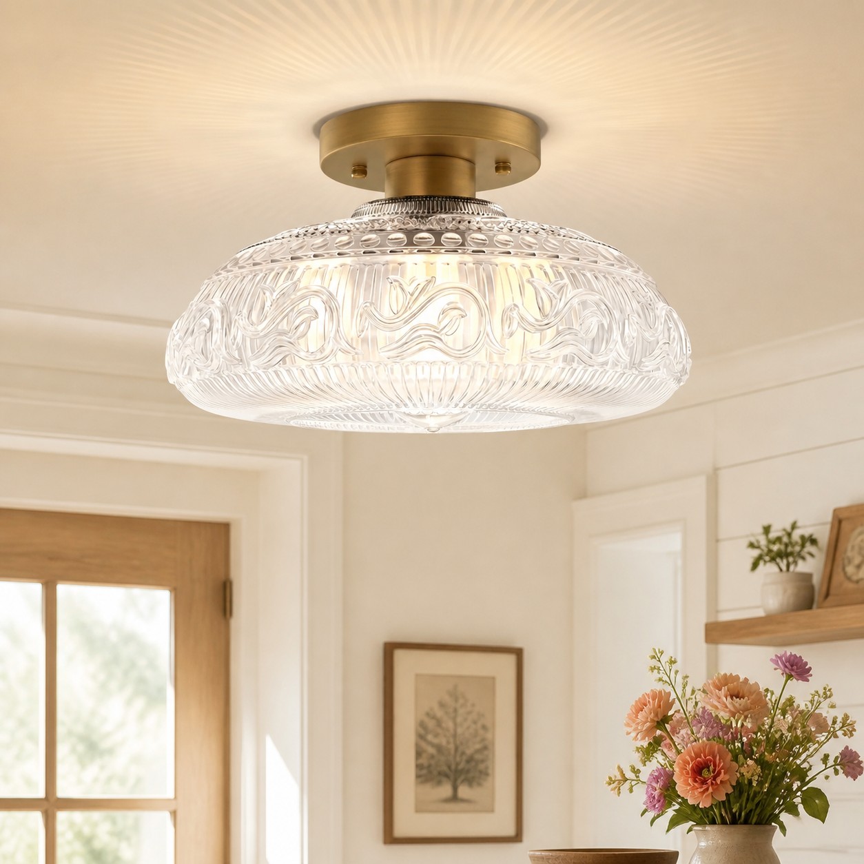 Clear engraved glass Cirel ceiling light with brass base