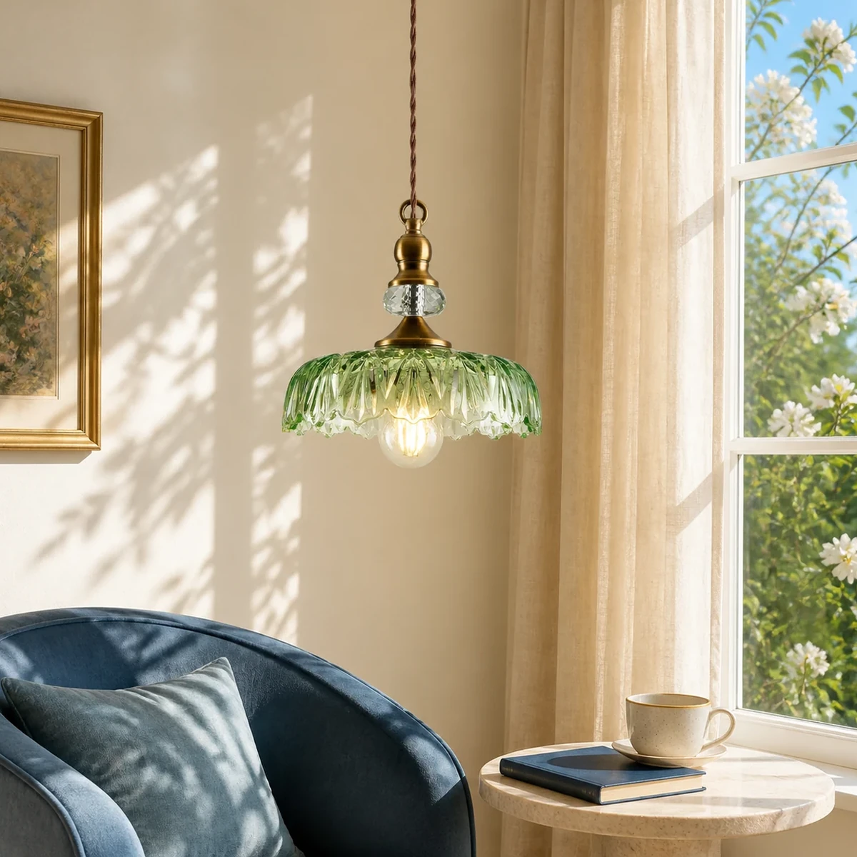 Green glass pendant beside a blue reading chair and flowering window