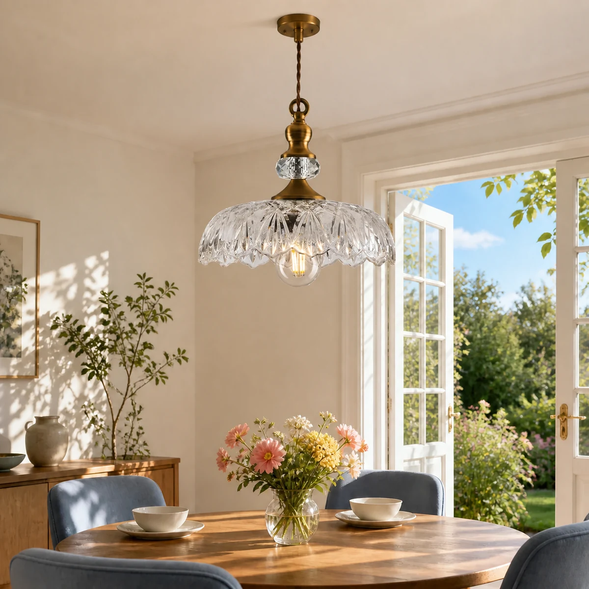 Transparent flower glass pendant in warm sunlight