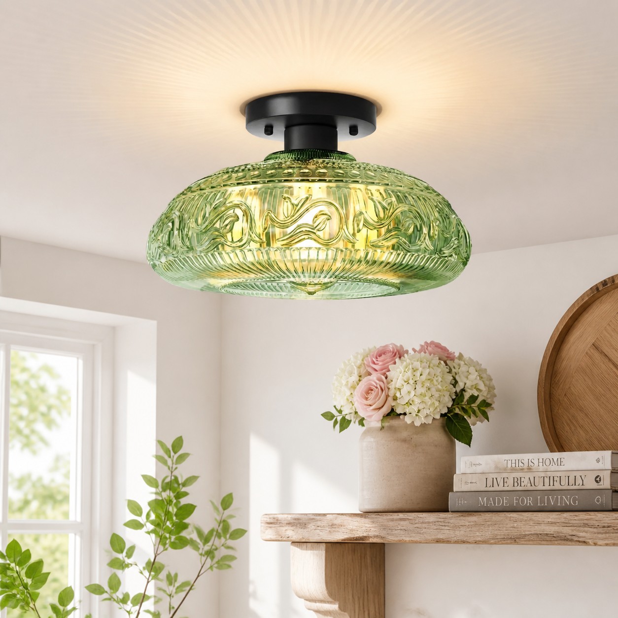 Green engraved glass Cirel ceiling light with black base
