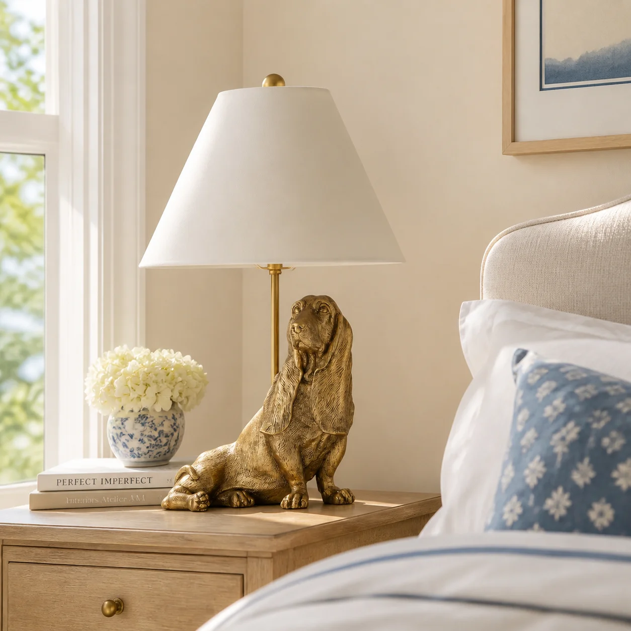 Lunab dog table lamp styled on a bedside table