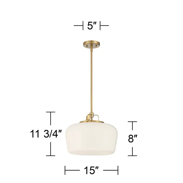 Maren Modern Antique Brass Metal Frosted Opal Glass Drum Shade Pendant Light dimensions