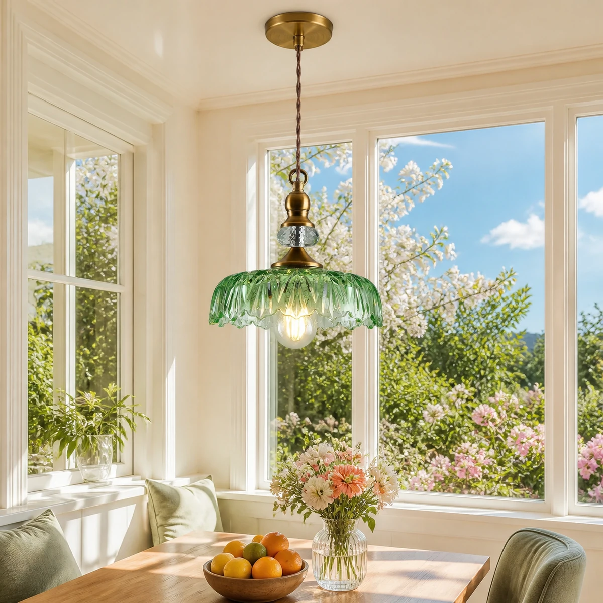 Green glass and brass Galeth pendant in a sunlit garden-facing dining nook
