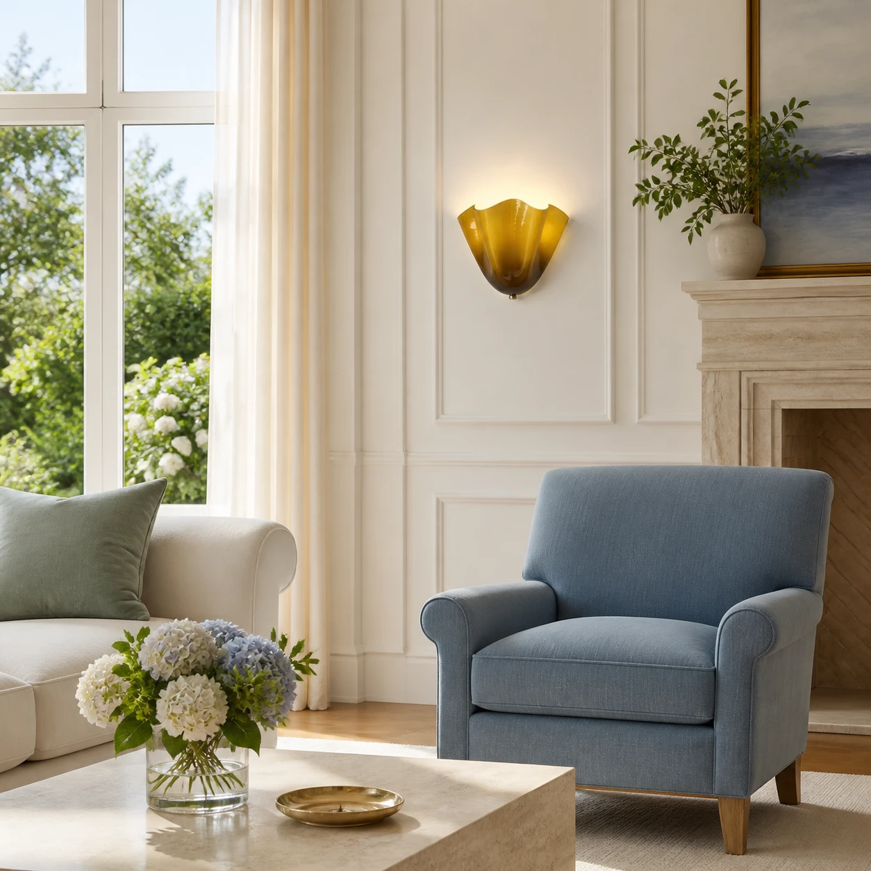 Hett sconce beside a fireplace
