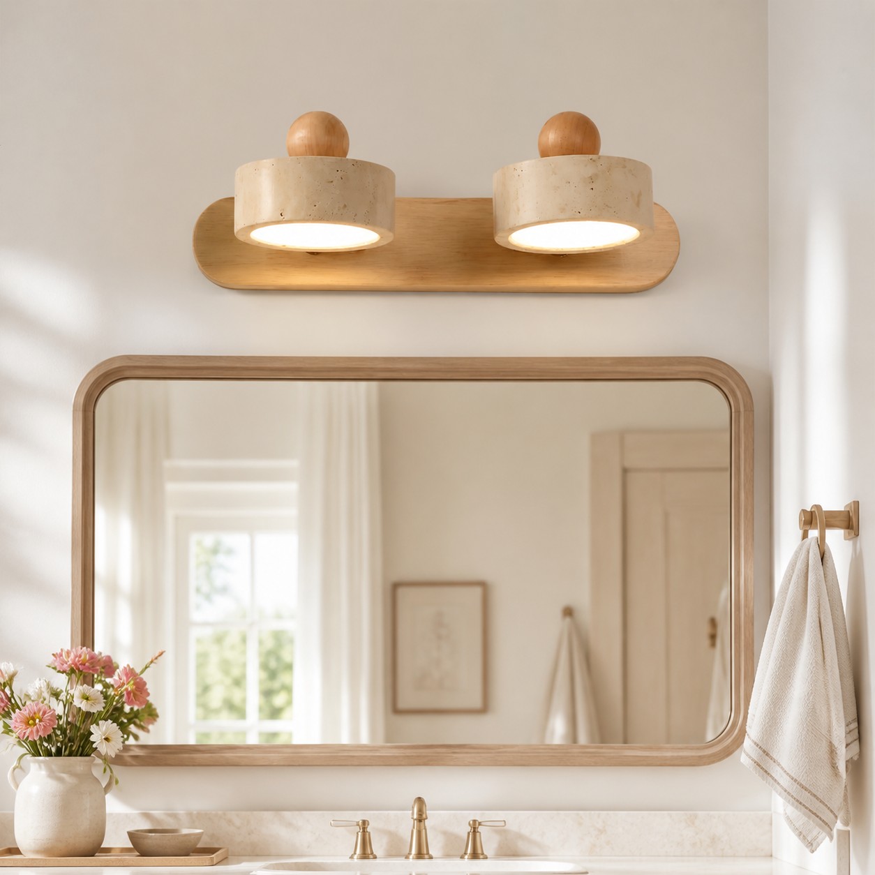 Light wood Merritt wall sconce above a vanity mirror