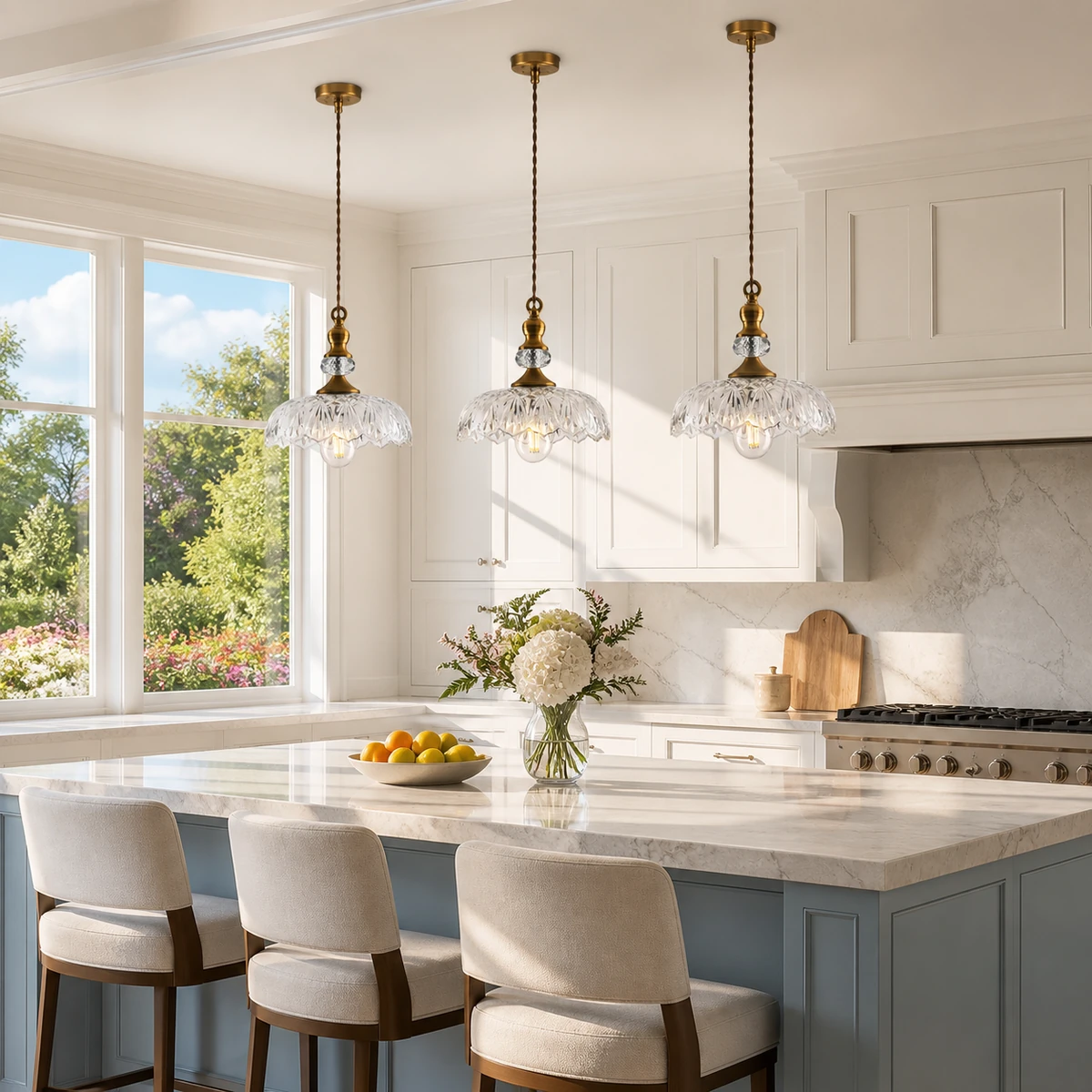 Three clear glass and brass Galeth pendants in a garden-facing kitchen