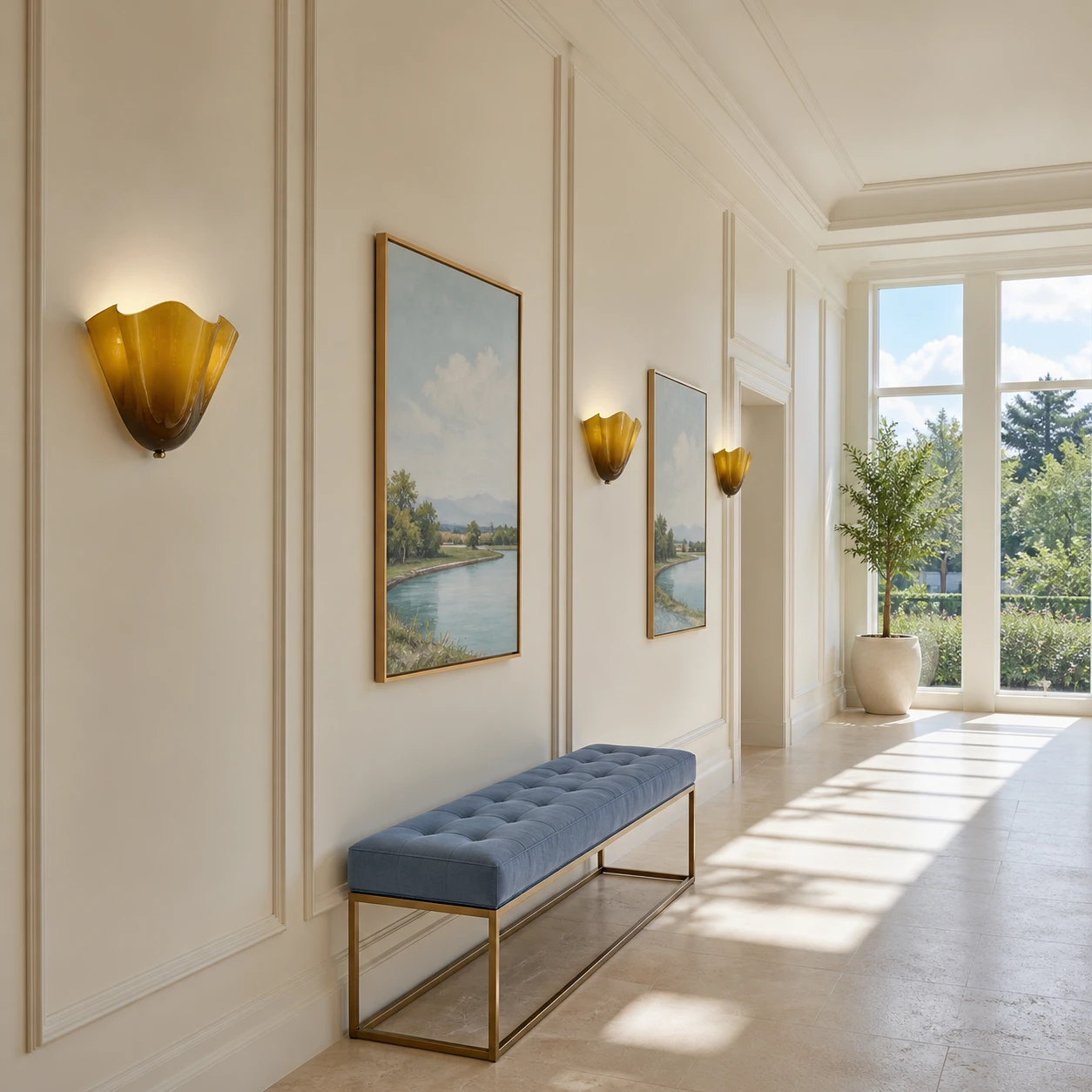 Three Hett sconces in a bright gallery hall