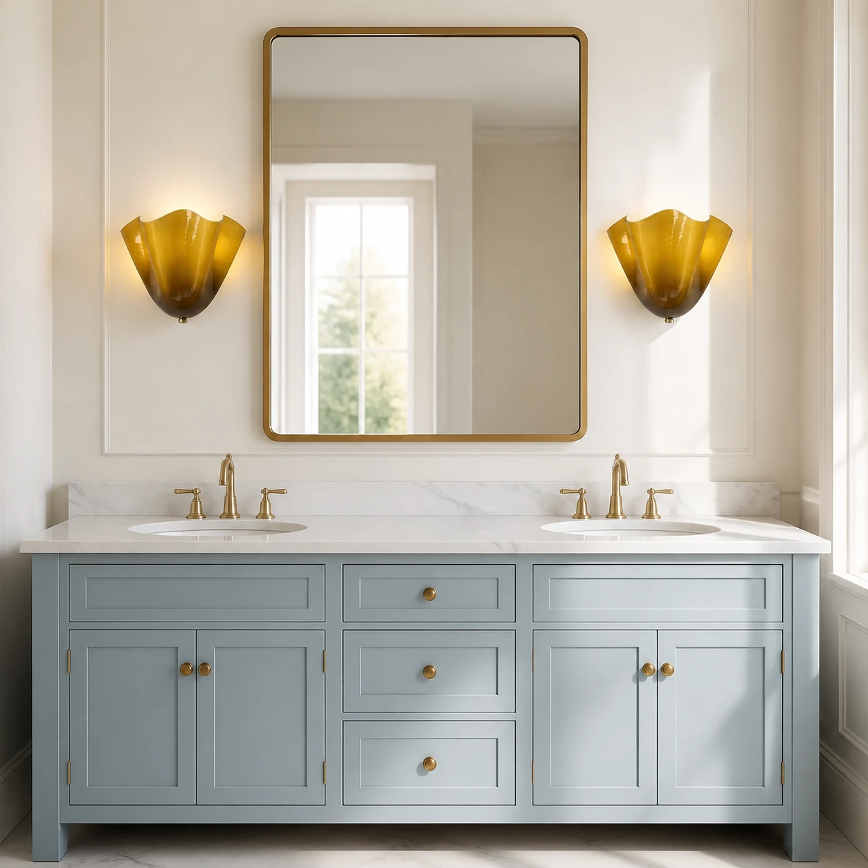 Pair of Hett sconces beside a bathroom mirror
