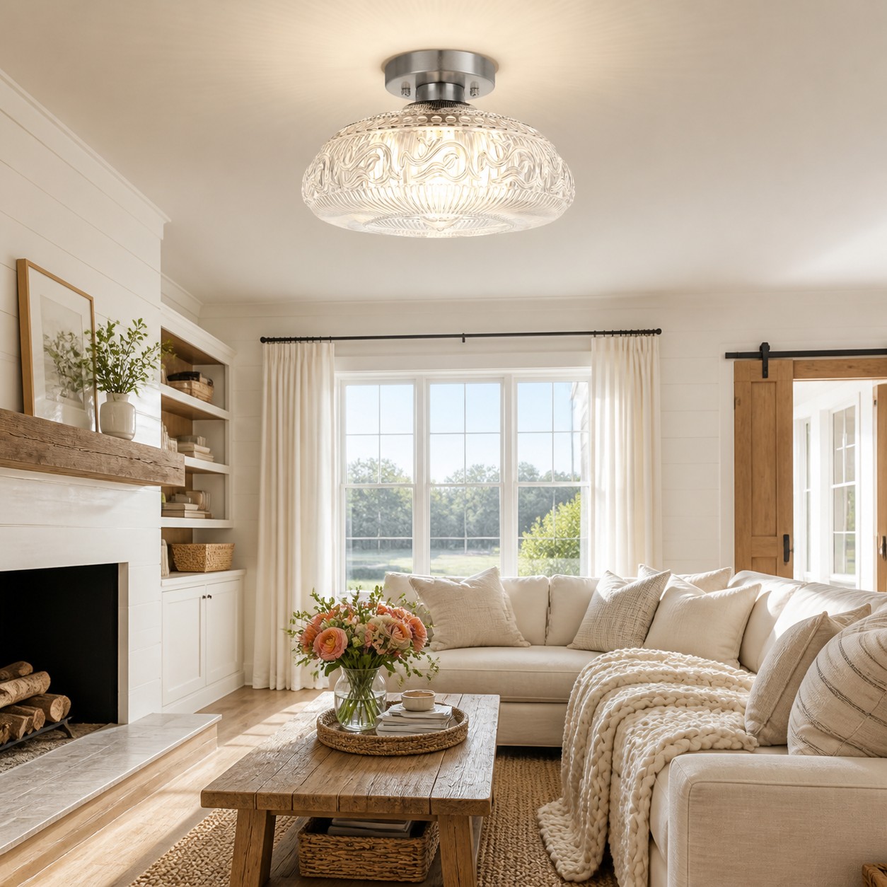 Clear Cirel ceiling light shown fully in a sunlit living room