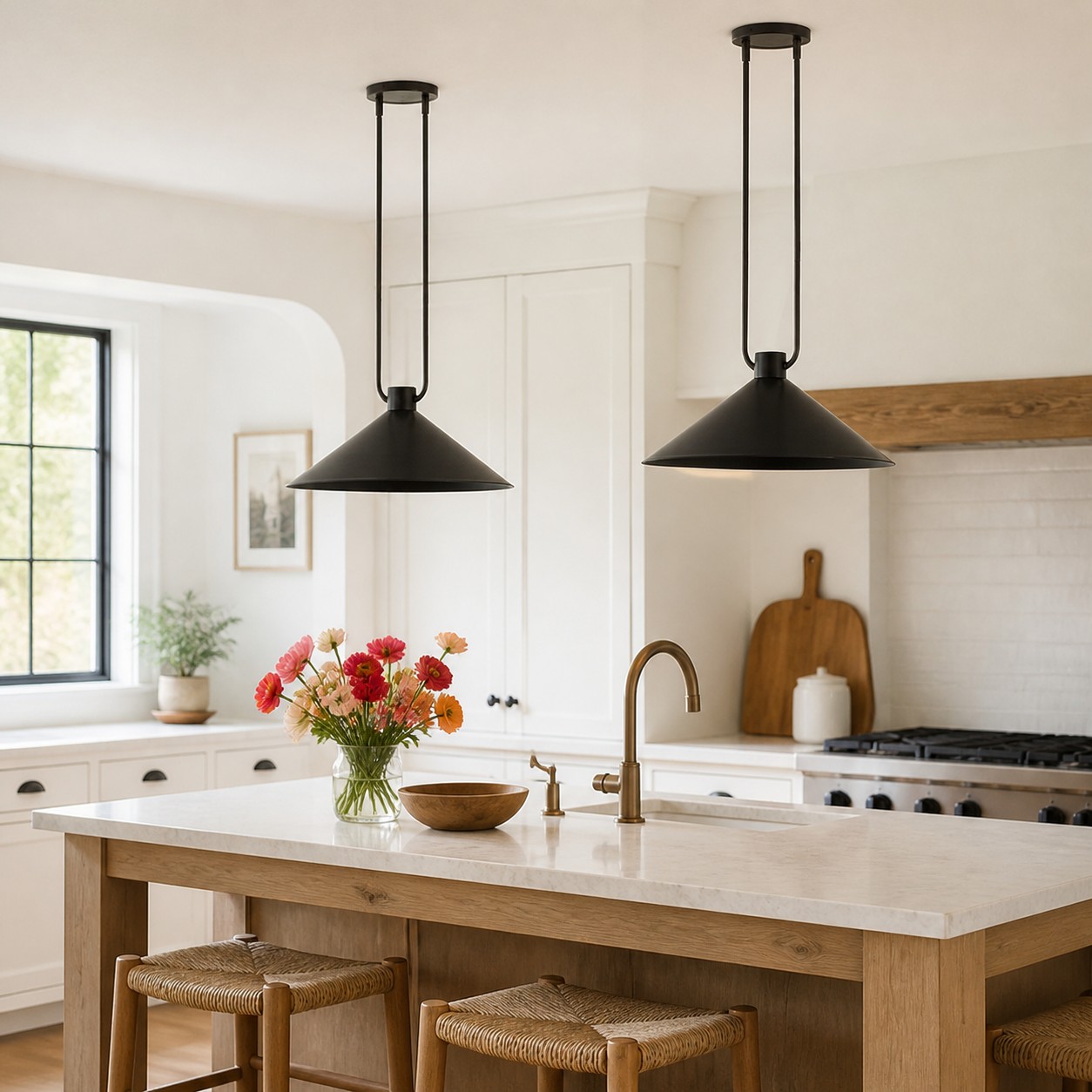 Pair of black Zane pendants above a kitchen island