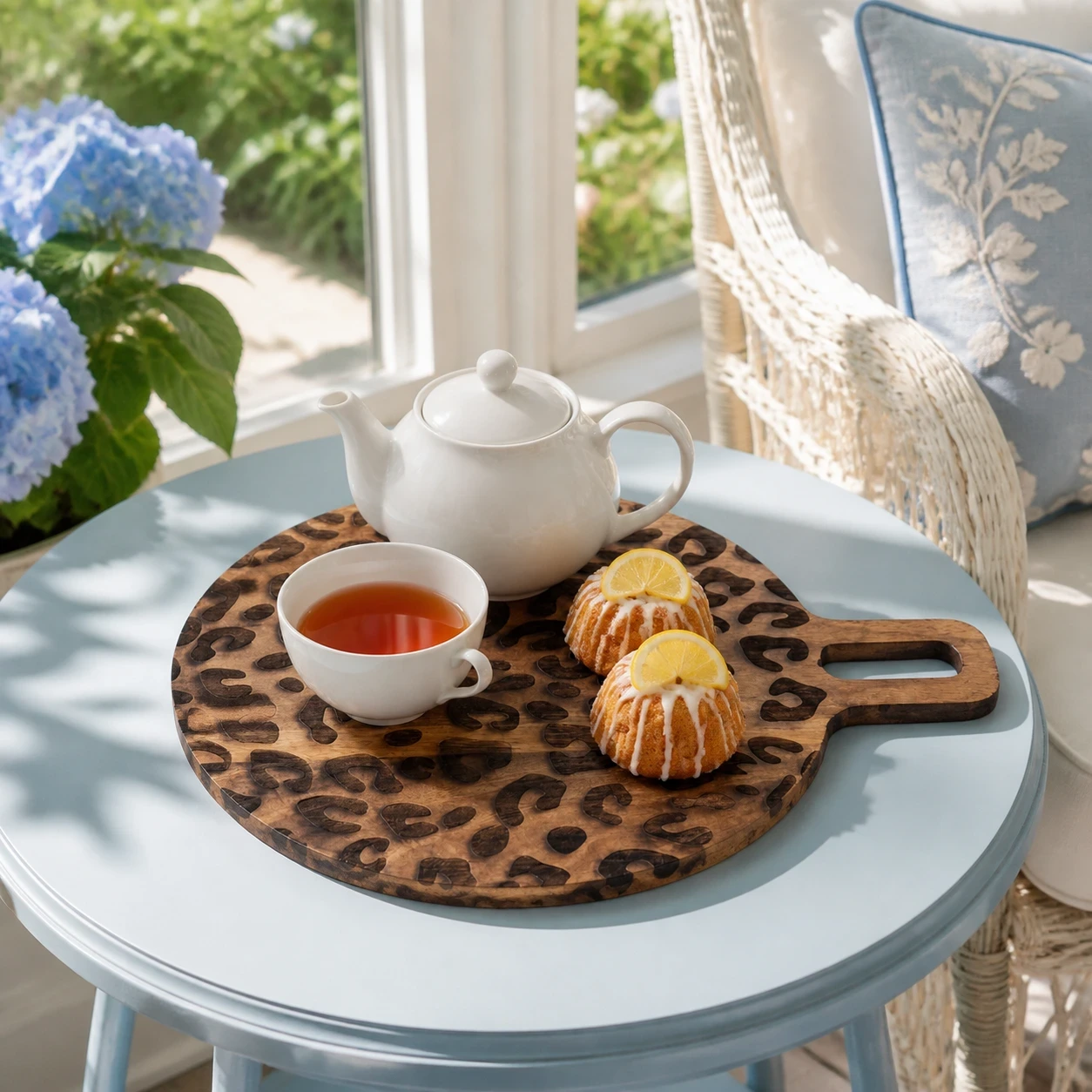 Powell serving board in a sunny garden room tea setting